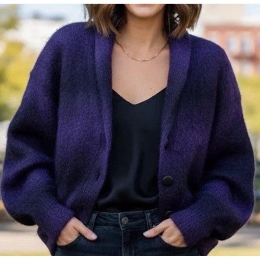 Tony Lambert Womens L Lined Mohair Purple Black Shawl Collar Cardigan Shaggy Fur